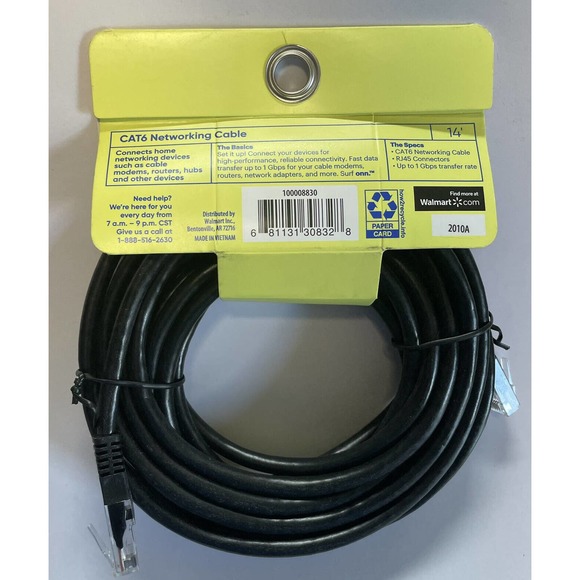 Surf Onn. CAT6 Networking Cable 14 ft Ethernet Cable Black Internet Round NEW - Picture 2 of 3